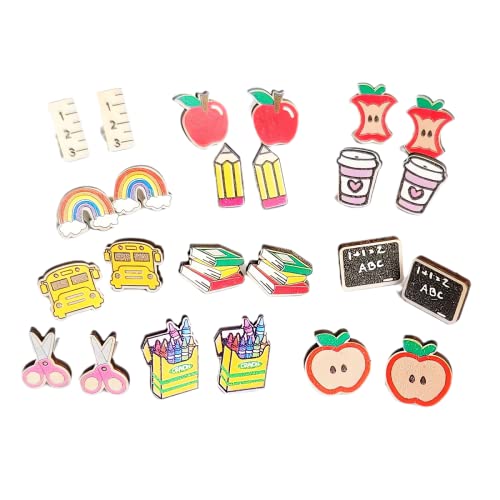 Teacher Student Stud Earrings Set Colorful Crayon Pencil Ruler Book Teacher's Gift Back to First Day of College Wooden Jewelry for Women