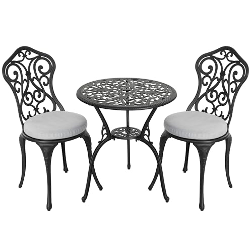 Image of NUU GARDEN 3 Pieces Patio Bistro Set, Outdoor Bistro Set with 2 Chairs, Round Table with Umbrella Hole, Outdoor Bistro Set with Grey Cushions and Umbrella Hole, Black
