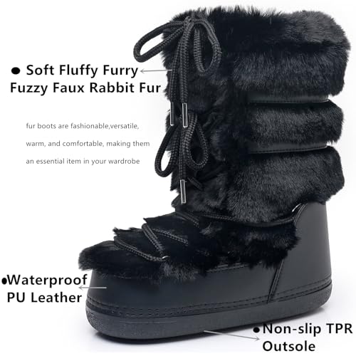 ZHENAIYISHENG Furry Faux Fur Boots for Women - Fuzzy Winter Snow Boots - Fluffy Black White Pink Lace-up Water-Resistant Platform Mid-Calf Boots(black, 8, 9)