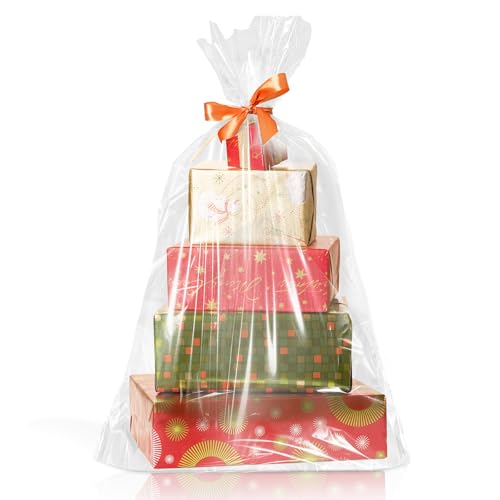 WIKDAY Cellophane Wrap for Gift Baskets 5 PCS 40x50 Inches Large Clear Cello Gift Bags with Ties Plastic for Gift Giving Packaging Products