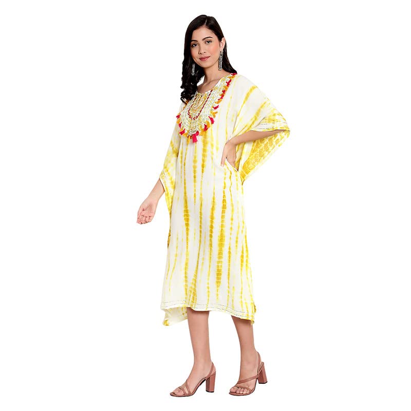 Image of Girls /Women Rayon Cotton Tie And Die Printed Kaftan Yoke Embellished Embroidery Kurti Gown Dress | Kurta /Kaftan for Women & Girls