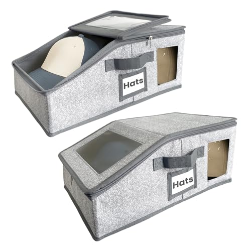 houxen 2 PCS Stackable Cap Organizer for Baseball Caps – Collapsible Hat Storage Boxes with Clear Window, Non-Woven Fabric, Cardboard Support, Organizer for Closet, Travel or Car Trunk Storage, Grey