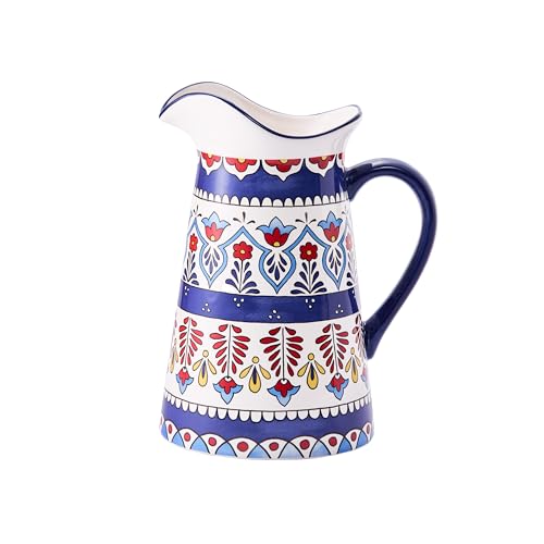 Bico Boho Totem Ceramic 2.5 Quarts Pitcher with Handle, Decorative Vase for Flower Arrangements, Dishwasher Safe