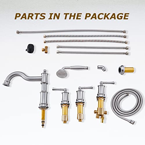 Winkear Roman Tub Faucet Set With Handheld Shower 5 Hole Deck Mount Tub Filler With Diverter, 3 Lever Handle Rough-In Valve And Water Supply Lines Included For Bathroom Tub, Brushed Nickel #TOP5