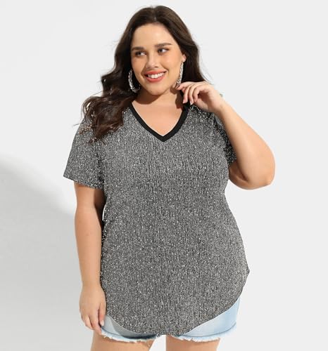Image of RITERA Women Plus Size Tops Tie Dye V Neck Shirt Floral Camo Summer Short Sleeve Tunic Oversized Ladies Blouse XL-5XL
