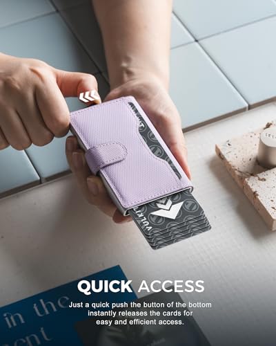 Image of VULKIT Slim Bifold Pop up Wallet Minimalist Leather Card Holder RFID Blocking Metal Card Case with ID Window for Women | with Leather Slots