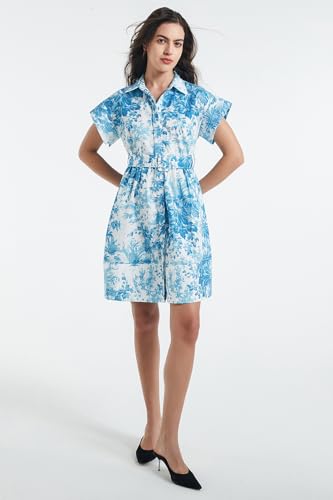 Image of D-Sun Women Button Down Shirt Dress V-Neck Floral Printed Short Sleeve Mini Dress Casual Belted Short Party with Pocket