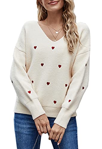 ECOWISH Damen Pullover mit V-Ausschnitt, Herz-Druck, Strick, locker, lässig, langärmelig, gerippter Saum und Manschette, Winter-Tops - Beige - Klein Cover