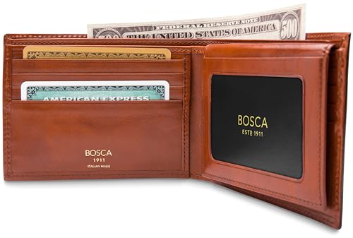 Image of Bosca Men's Italian Leather Bifold Wallet with Removable ID Passcase, RFID Blocking, 8 Card Slots, and Divided Currency Well - Made in Italy, Amber Tan