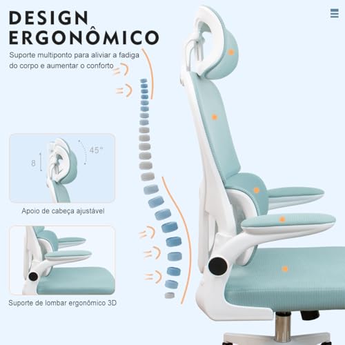 Cadeira de escritório, design ergonômico com suporte lombar independente, cabeça ajustável(Verde)