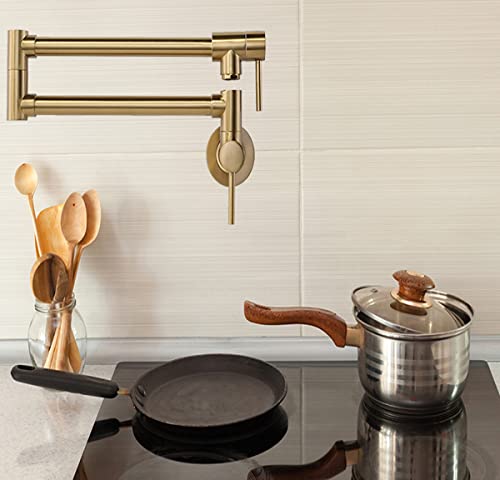 Yccuza Pot Filler Faucet For Kitchen Wall Mount Pot Filler Brushed Golden Stainless Steel Kitchen Sink Stove Folding Faucet Single Hole With Double Joint Swing Arm 2 Handles To Control Water 2 Valve #TOP2