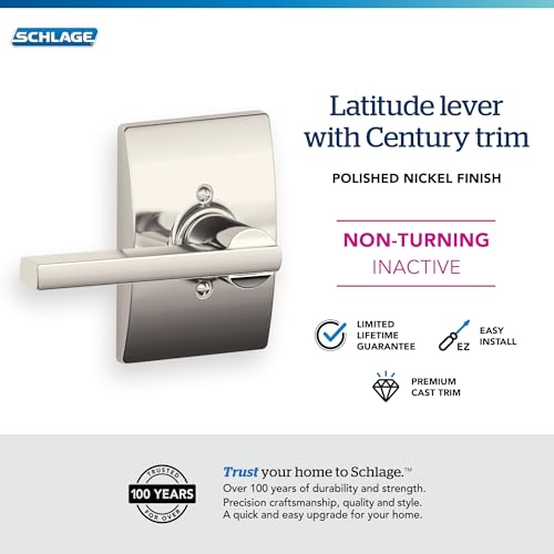 Image of SCHLAGE Latitude Non-Turning Dummy Door Handle, Reversible, Polished Nickel | Non-turning dummy lever door handle with no latch or lock, Decorative pull, One sided, Easy to install, Certified durability