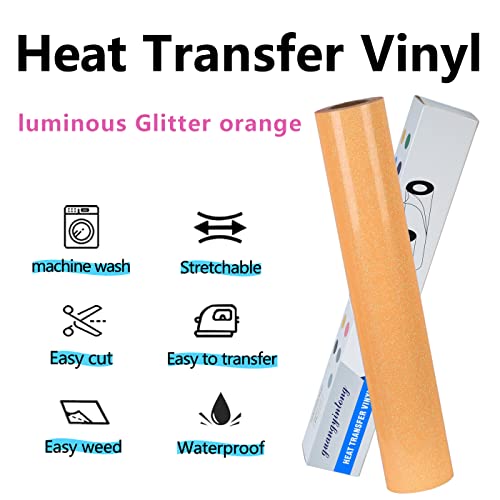 Image of guangyintong Glow Glitter Orange Yellow Heat Transfer Vinyl HTV Rolls, 12 inch x 8ft Iron on Vinyl for T-Shirts, Glitter HTV Vinyl for All Cutter Machines Easy to Cut & Weed for DIY Design