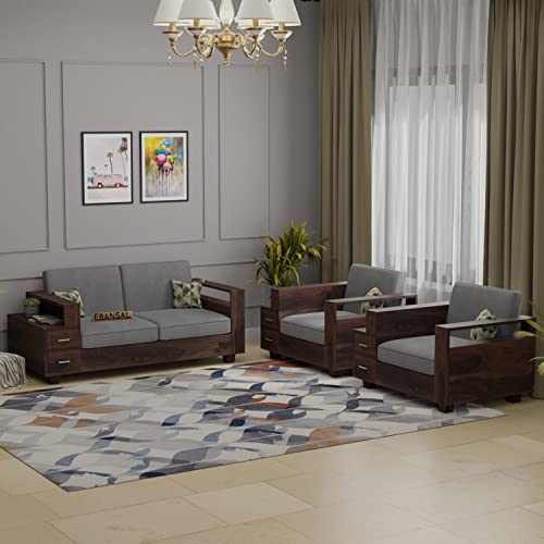 Image of Solid Sheesham Wood Sofa Set 4 Seater Sofa Set 2+1+1, Sofa Sets for Living Room, Four Seater Sofa Set with Attached End Table, 6 Drawer Storage, Rosewood, Walnut Finish