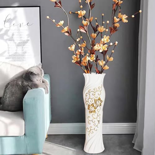 White Gold Tall Ceramic Floor Vase, 24" Gold-Trimmed Oversized Vase,