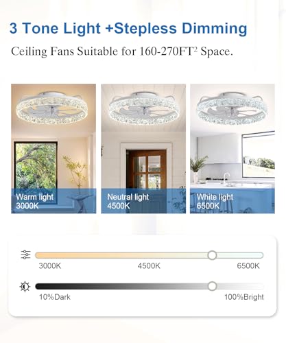 AQUBT Ceiling Fans with Lights and Remote, 20\" Low Profile Ceiling Fan with Light, 3000-6500K Bladeless LED Fan Light, Stepless Color Temperature Change and 6 Speeds - White