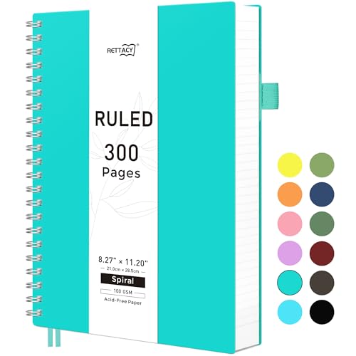 RETTACY A4 Notebook,Wirebound Colorful Spiral Notebooks 150 sheets/300 pages for Writing,100gsm College-Ruled Paper, PVC Hardcover, for Women Men Work Office School,21.5 x 27.9cm - Turquoise