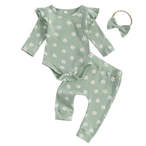 Image of FOCUSNORM Newbron Baby Girl Fall Clothes Flower Ribbed Knitted Long Sleeve Romper Long Pants 3 Pcs Infant Girl Winter Outfit (Flower Green, 3-6 Months)