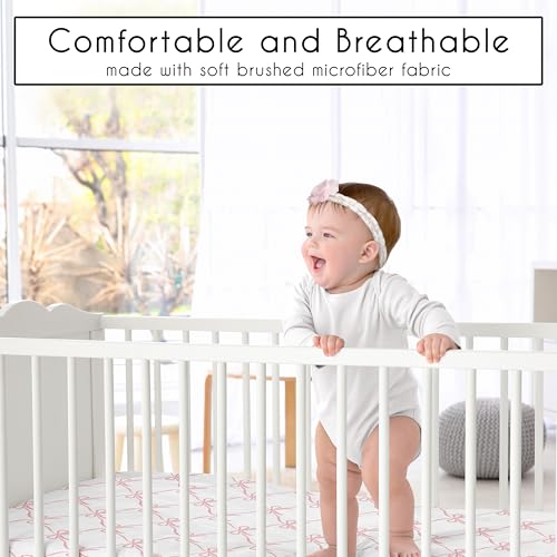 Image of Sweet Jojo Designs Baby Fitted Mini Crib Sheet (Pink Bows) for Girls, Newborn /Infant Nursery, Play Yards, Portable Cribs (Blush Bow for the Ballerina Dancer, Princess, Ballet Collection)