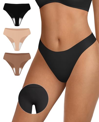 Image of OEAK Seamless Thongs for Women Invisible Thongs No Show Thong Panty Liners Tangas Comfortable Workout G-Strings Underwear Black+Skin Nude+Latte XS