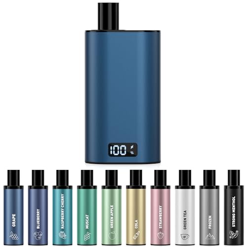 電子タバコ シーシャ vape ポッド交換式 べイプ LEDディスプレイ搭載 爆煙 使い捨てカートリッジ 充電可能 持ち運び 水蒸気タバコ ニコチンなし タールなし 禁煙 ネイビー DBL BOX (本体+10風味セット)