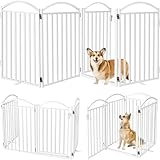Malier Metal Freestanding Dog Gates with Door, 32'' Height Outdoor Indoor Dog Fences, Extra Wide Foldable Puppy Gate Free Standind Tall Pet Gate for Stairs, Hallways, Doorways, Yard (White 4 Panels)