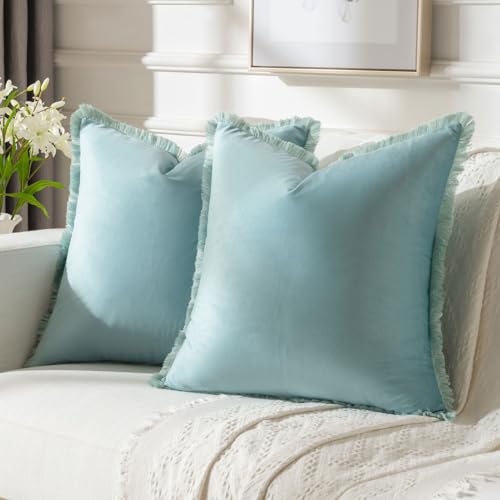 FUTEI Aqua Velvet Decorative Throw Pillow Covers 24x24 Set of 2,Soft Cozy Edge with Tassels European Cushion Case,Boho Modern Home Decor for Couch Bed Living Room