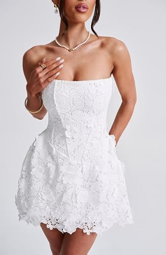 Strapless Floral Homecoming Dresses Lace Short A-Line 3D Flower Cocktail Party Gowns3