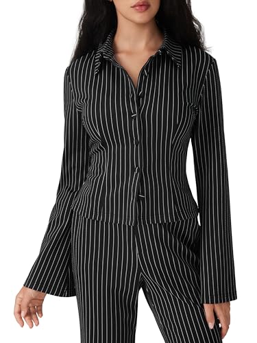 CIDER Womens Striped Button Down Blouse Bell Sleeves Fitted Dressy Casual Collared Crop Tops Y2K Office Siren Clothes3
