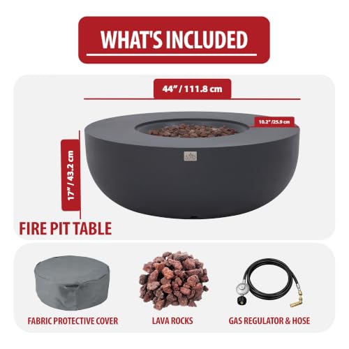Image of AMS Creations Eclipse 44 inch Round Cast Concrete Propane Gas Fire Pit Bowl Table | Dark Gray | Smooth Texture Surface | Electronic Ignition | Outdoor Patio Heater