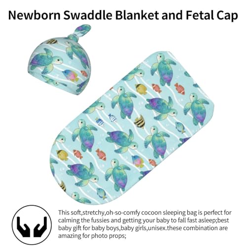 Image of Turtle Swaddling Blanket for Baby, Unisex Beach Baby Stuff with Hat