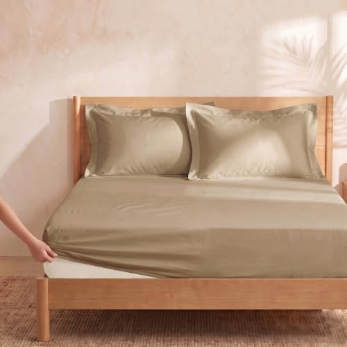 Image of Huesland 300 TC Premium 100% Pure Cotton Luxe Soft Touch Fitted King Size Bedsheet Cotton with 2 Pillow Covers | Sand Dune | 72 x 78 Inches