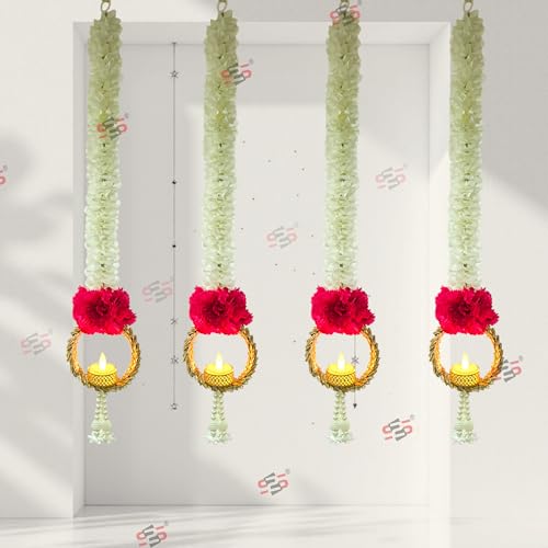 Image of S2S Red Flower Wall Hangings 24 Inch for Home Decoration (Set of 4) | Handmade Diwali Decor Psychedelic Wall & Door Valance Hanging (LED Lights Not Included)