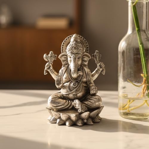 Image of eCraftIndia Golden Brass Blessing Lord Ganesha Idol Sitting on Lotus Flower | Decorative Ganpati Murti for Home Decor, Pooja Room & Gift