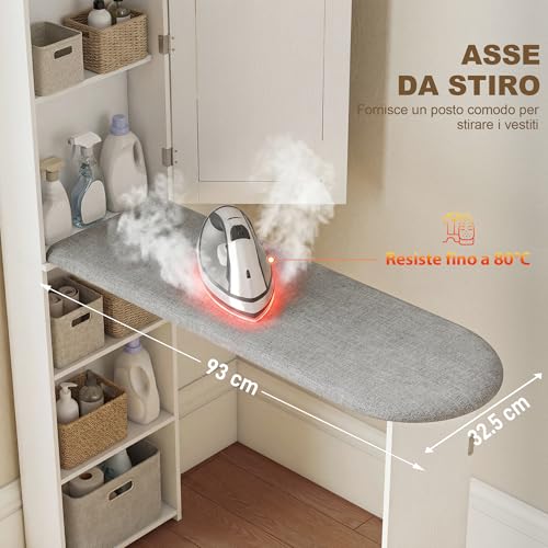 Meuble à repasser multifonction avec 6 compartiments et miroir pliable armoire