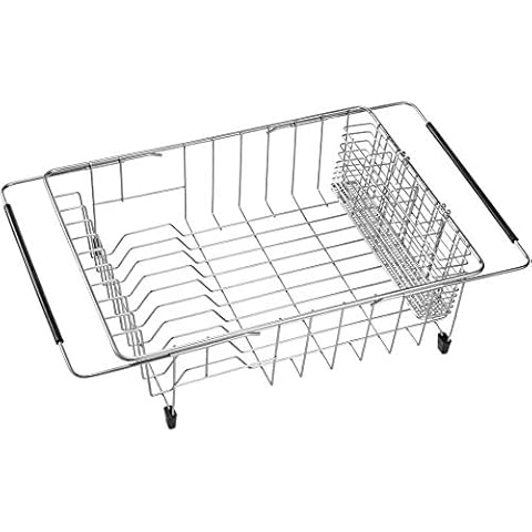 blitzlabs Expandable Dish Rack, Deep Large Dish Drying Rack with 4 Division Utensil Silverware Cutlery Holder, Dish Drainer Shelf Dish Rack in Sink On Counter, Rustproof Stainless Steel Cover