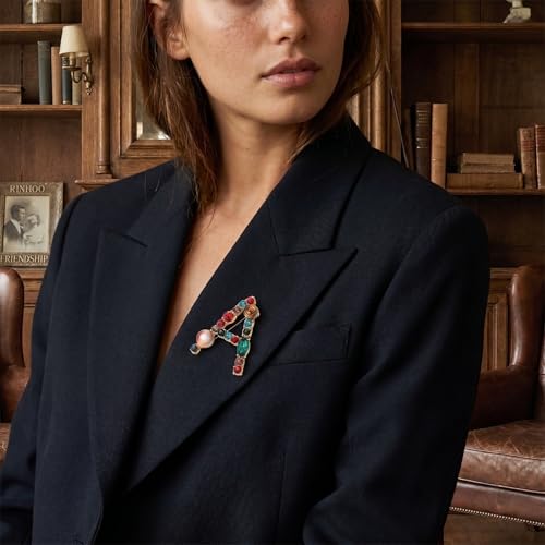 Image of Initial Brooch Pins A-Z 26 Letters Brooches For Women Colorful Enamel Alphabet Pin Pearl Crystal Lapel Pin