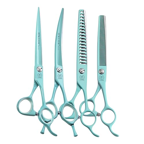 Fenice Peak 7 Professional Dog Grooming Scissors Set Japanese 440C Stainless Steel Straight Thinning Curved Chunker Shears for Pet Grooming Trimming Face Paws Green