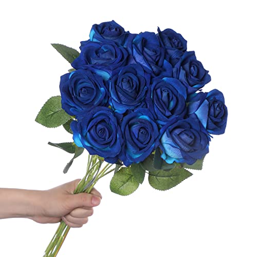 huaao 12 Stück Künstliche Rosen Seide Blumen, Hochzeitsarrangements Seidenrosen Single Stem Realistic Fake Rose Bouquet für Brautstrauss Hochzeitssträuße Dekoration, Blau Cover