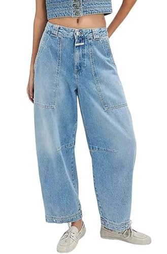 loveimgs Women Boyfriend Mid Rise Baggy Jeans Barrel Pants Denim Wide Leg Pull On Jeans Cargo Y2k Distressed Stretchy