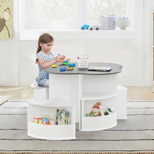 Toddler-Table-and-Chair-Set-with-4-Storage-Stools-Flower-Shaped-Nesting-Design-Table-with-Built-in-Pen-Holder-Kids-Table-for-ActivityPlayArtReadCraft-Grey-and-White Toddler Table and Chair Set with 4 Storage Stools Flower Shaped Nesting Design Table with Built in Pen Holder Kids Table for ActivityPlayArtReadCraft Grey and White