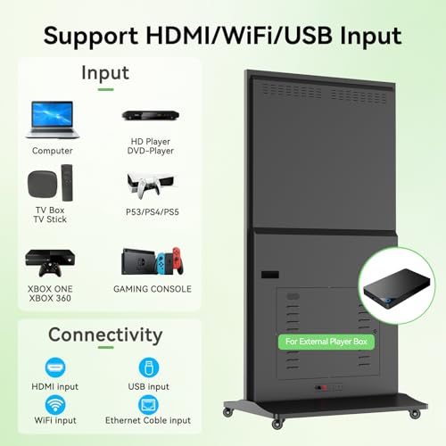 Image of 85-inch Full Screen Digital Signage Display, 4K UHD Floor Standing Kiosk with Heavy-Duty Wheels, Android 11 OS Smart Advertising Poster Media Player for Retail, Business, Restaurant, Hotel