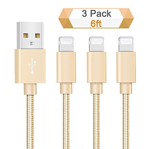 iPhone Charger, Quntis 3 Pack 6ft Durable Braided iPhone Lightning Cable Apple Charging USB Cord Compatible with iPhone 7 7 Plus 6S 6 Plus 6s 6 SE 5S 5C 5 iPad Air Mini iPod Nano 7 (Gold)