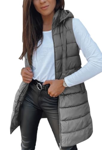Imily Bela Damen Steppweste Lange Leichte Weste mit Kapuze Ärmellos Winterjacke Warm Übergangsweste,Grau, L
