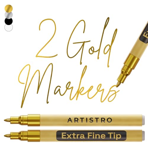 ARTISTRO 2 Gold Acrylic Paint Markers - 0.7mm Extra Fine-Tip Metallic Paint Pens - Perfect for Crafting, Art Projects, & More