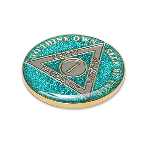 1 Year Sobriety Coin | Glitter Triplate AA Chip Recovery Anniversary Token (Aqua)