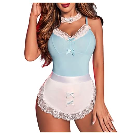 Avidlove Sexy Maid outfit for Women Snap Crotch Teddy Lingrie with Choker and Apron Baby Blue L