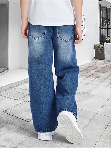 Baggy Boys Jeans Wide Straight Leg Elastic Waist Y2K Denim Washed Pants Classic Trendy Streetwear with Pockets4