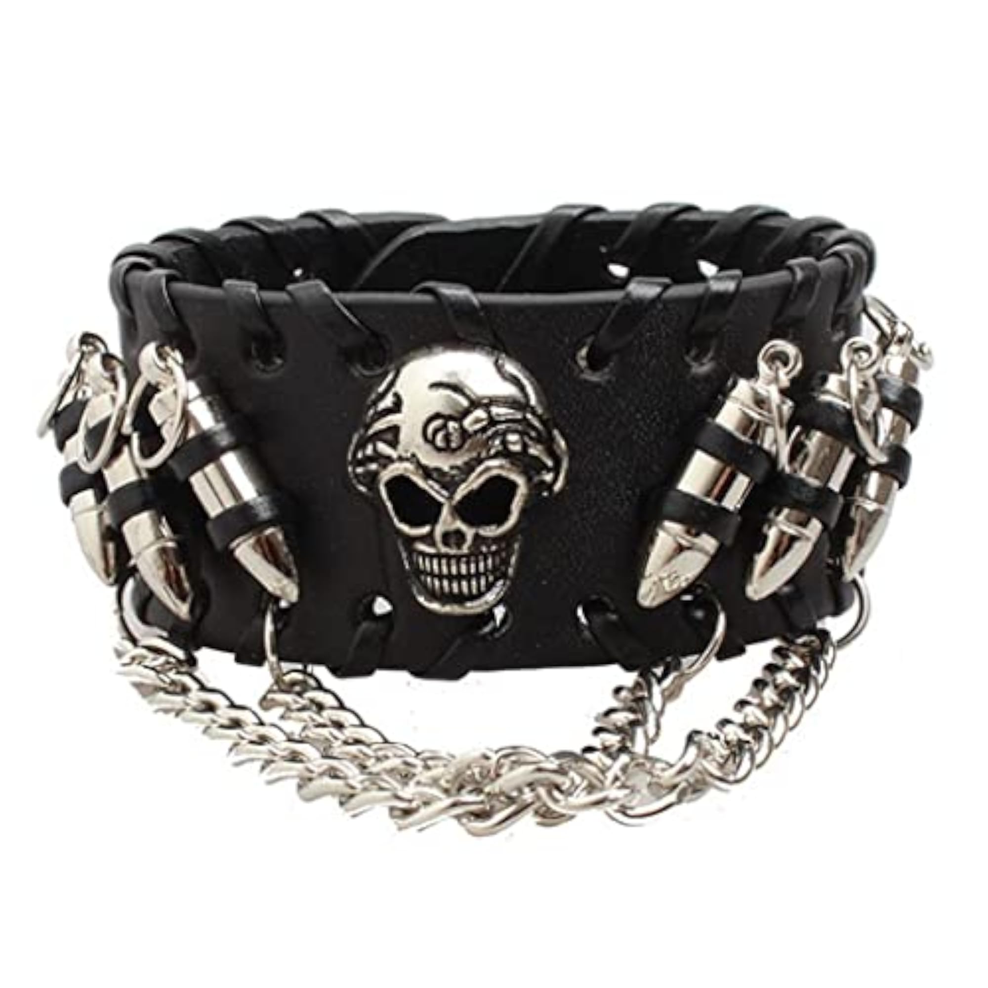Men's Gothic Punk Style Black Leather Cuff Bracelet with Skull Design