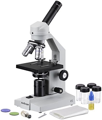 AmScope M500 Monocular Compound Microscope, WF10x Eyepiece, 40x-1000x Magnification, Anti-Mold Optics, Tungsten Illumination, Brightfield, Abbe Condenser, Coarse and Fine Focus, Plain Stage